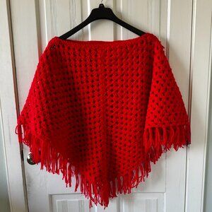 Vintage Retro Style Red Knit Poncho with Fringe